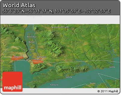 Satellite 3D Map of the Area around 56° 18' 50" N, 102° 4' 29" E