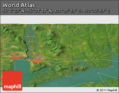 Satellite 3D Map of the Area around 56° 18' 50" N, 102° 4' 29" E
