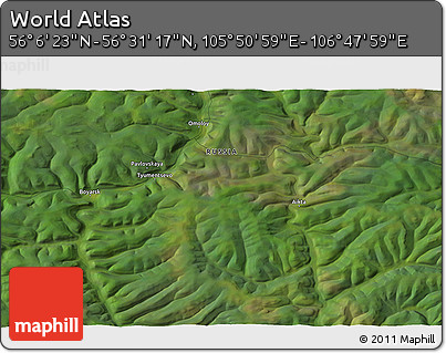 Satellite 3D Map of the Area around 56° 18' 50" N, 106° 19' 29" E