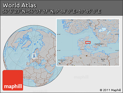 Gray Location Map of the Area around 56° 18' 50" N, 10° 16' 30" E, hill shading