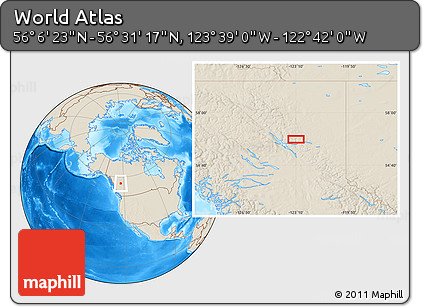 Shaded Relief Location Map of the Area around 56° 18' 50" N, 123° 10' 30" W