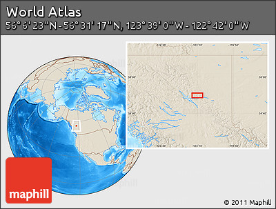 Shaded Relief Location Map of the Area around 56° 18' 50" N, 123° 10' 30" W