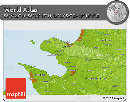 Physical 3D Map of the Area around 56° 18' 50" N, 12° 49' 29" E