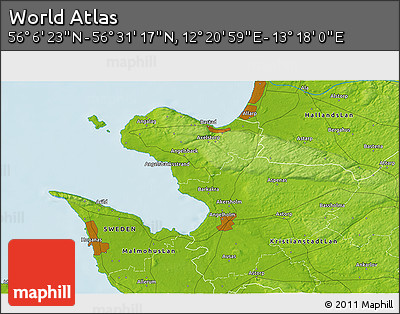 Physical 3D Map of the Area around 56° 18' 50" N, 12° 49' 29" E
