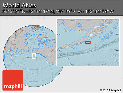 Gray Location Map of the Area around 56° 18' 50" N, 157° 10' 30" W, hill shading