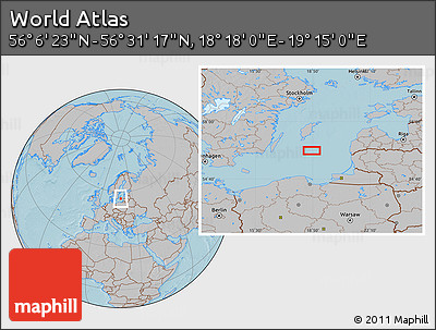 Gray Location Map of the Area around 56° 18' 50" N, 18° 46' 29" E, hill shading