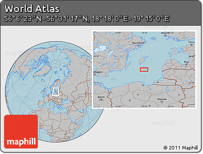 Gray Location Map of the Area around 56° 18' 50" N, 18° 46' 29" E, hill shading