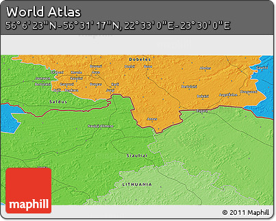 Political 3D Map of the Area around 56° 18' 50" N, 23° 1' 29" E