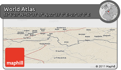 Shaded Relief Panoramic Map of the Area around 56° 18' 50" N, 23° 1' 29" E