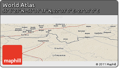 Shaded Relief Panoramic Map of the Area around 56° 18' 50" N, 23° 1' 29" E