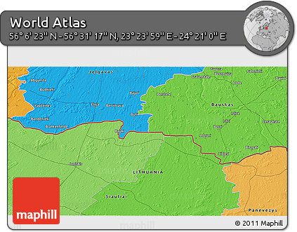 Political 3D Map of the Area around 56° 18' 50" N, 23° 52' 30" E