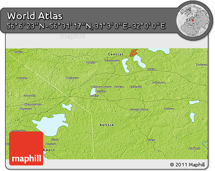 Physical 3D Map of the Area around 56° 18' 50" N, 31° 31' 29" E