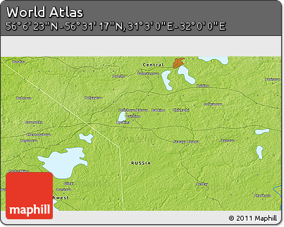 Physical 3D Map of the Area around 56° 18' 50" N, 31° 31' 29" E