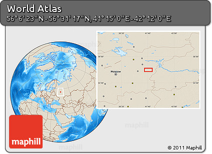 Shaded Relief Location Map of the Area around 56° 18' 50" N, 41° 43' 30" E