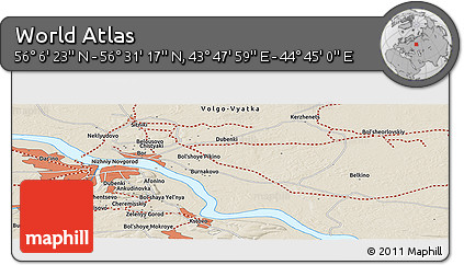 Shaded Relief Panoramic Map of the Area around 56° 18' 50" N, 44° 16' 29" E