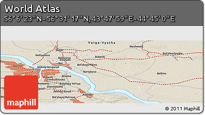 Shaded Relief Panoramic Map of the Area around 56° 18' 50" N, 44° 16' 29" E