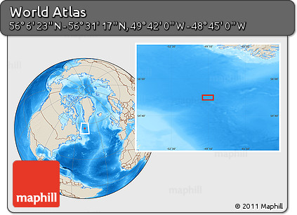 Shaded Relief Location Map of the Area around 56° 18' 50" N, 49° 13' 30" W