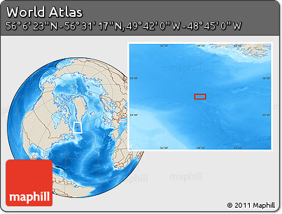 Shaded Relief Location Map of the Area around 56° 18' 50" N, 49° 13' 30" W