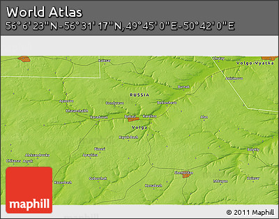 Physical 3D Map of the Area around 56° 18' 50" N, 50° 13' 30" E