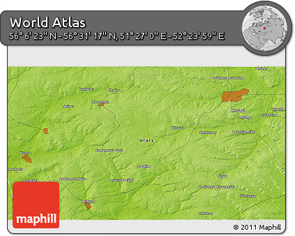 Physical 3D Map of the Area around 56° 18' 50" N, 51° 55' 29" E
