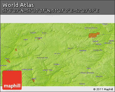 Physical 3D Map of the Area around 56° 18' 50" N, 51° 55' 29" E