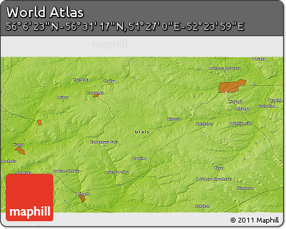 Physical 3D Map of the Area around 56° 18' 50" N, 51° 55' 29" E