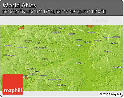 Physical 3D Map of the Area around 56° 18' 50" N, 52° 46' 29" E
