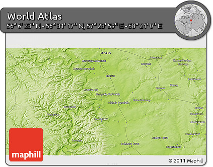 Physical 3D Map of the Area around 56° 18' 50" N, 57° 52' 30" E