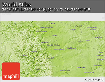 Physical 3D Map of the Area around 56° 18' 50" N, 57° 52' 30" E