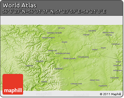 Physical 3D Map of the Area around 56° 18' 50" N, 57° 52' 30" E