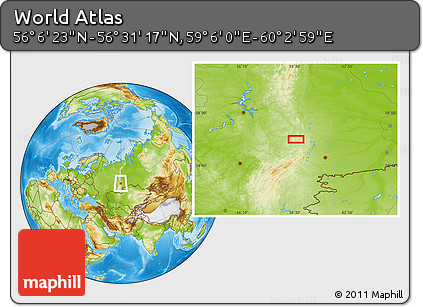 Physical Location Map of the Area around 56° 18' 50" N, 59° 34' 30" E