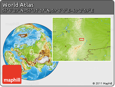 Physical Location Map of the Area around 56° 18' 50" N, 59° 34' 30" E