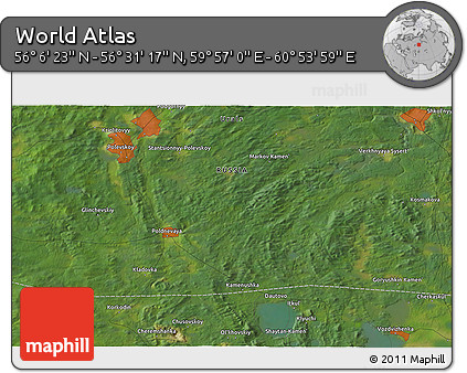 Satellite 3D Map of the Area around 56° 18' 50" N, 60° 25' 29" E