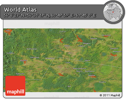 Satellite 3D Map of the Area around 56° 18' 50" N, 61° 16' 29" E