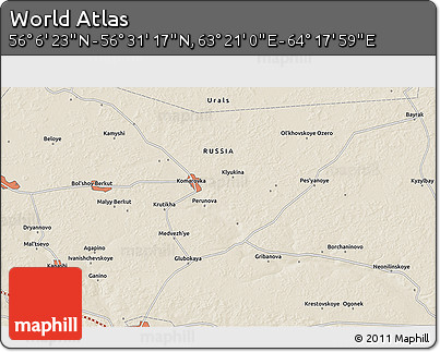 Shaded Relief 3D Map of the Area around 56° 18' 50" N, 63° 49' 30" E