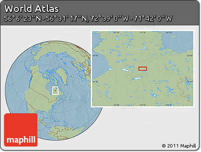 Savanna Style Location Map of the Area around 56° 18' 50" N, 72° 10' 30" W, hill shading