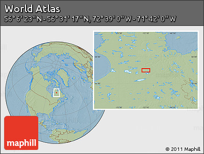 Savanna Style Location Map of the Area around 56° 18' 50" N, 72° 10' 30" W, hill shading