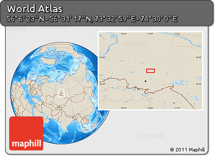 Shaded Relief Location Map of the Area around 56° 18' 50" N, 74° 1' 30" E