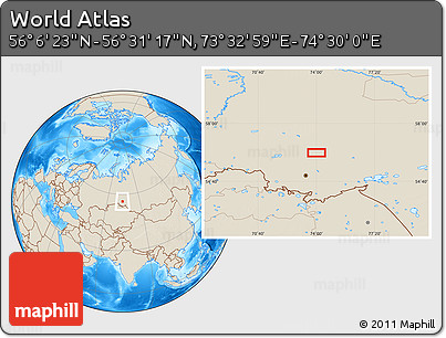 Shaded Relief Location Map of the Area around 56° 18' 50" N, 74° 1' 30" E