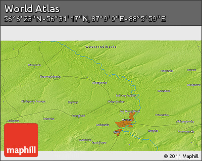 Physical 3D Map of the Area around 56° 18' 50" N, 87° 37' 30" E