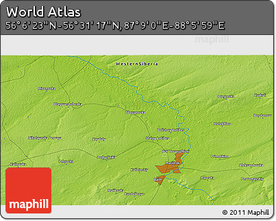 Physical 3D Map of the Area around 56° 18' 50" N, 87° 37' 30" E