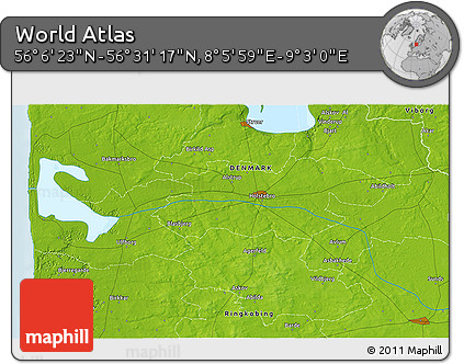 Physical 3D Map of the Area around 56° 18' 50" N, 8° 34' 29" E