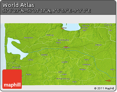 Physical 3D Map of the Area around 56° 18' 50" N, 8° 34' 29" E