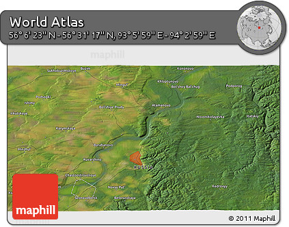 Satellite 3D Map of the Area around 56° 18' 50" N, 93° 34' 29" E