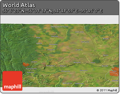 Satellite 3D Map of the Area around 56° 18' 50" N, 95° 16' 30" E