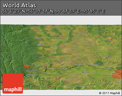 Satellite 3D Map of the Area around 56° 18' 50" N, 95° 16' 30" E