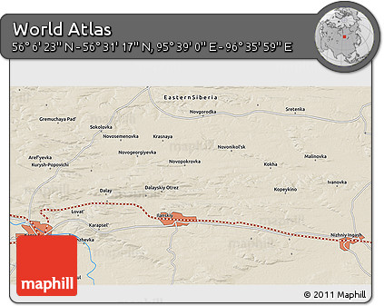 Shaded Relief 3D Map of the Area around 56° 18' 50" N, 96° 7' 30" E