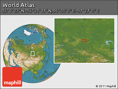Satellite Location Map of the Area around 56° 18' 50" N, 96° 58' 29" E