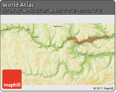Physical 3D Map of the Area around 56° 41' 3" N, 105° 28' 29" E