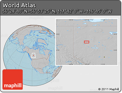 Gray Location Map of the Area around 56° 41' 3" N, 117° 13' 29" W, hill shading